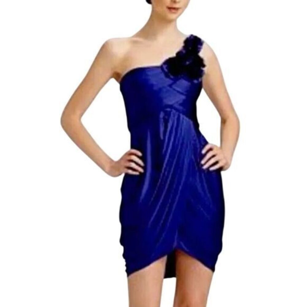 BCBGMAXAZRIA Navy Blue One-Shoulder‎ Cocktail Dress Floral Detail Party Prom M